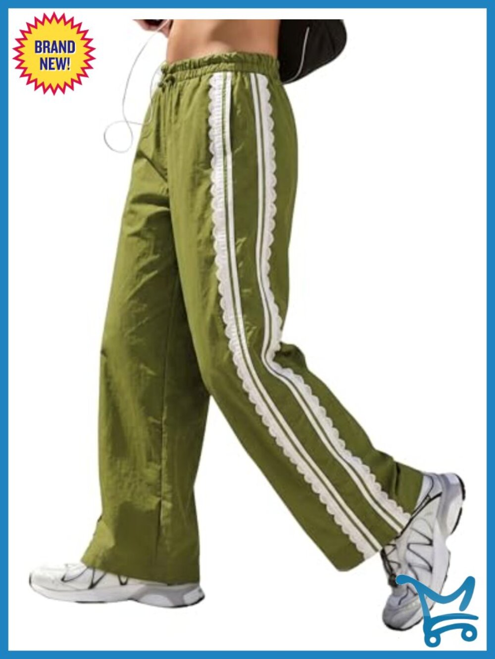 Wide Leg Track Pants Lace Side Stripe Drawstring Pockets Lightweight